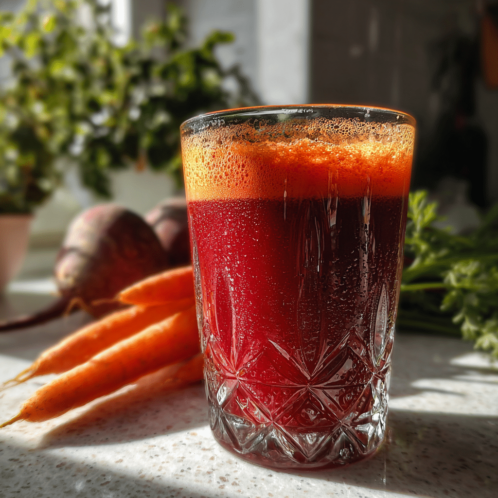 ABC Juice for Clear Skin in a glass on kitchen counter
