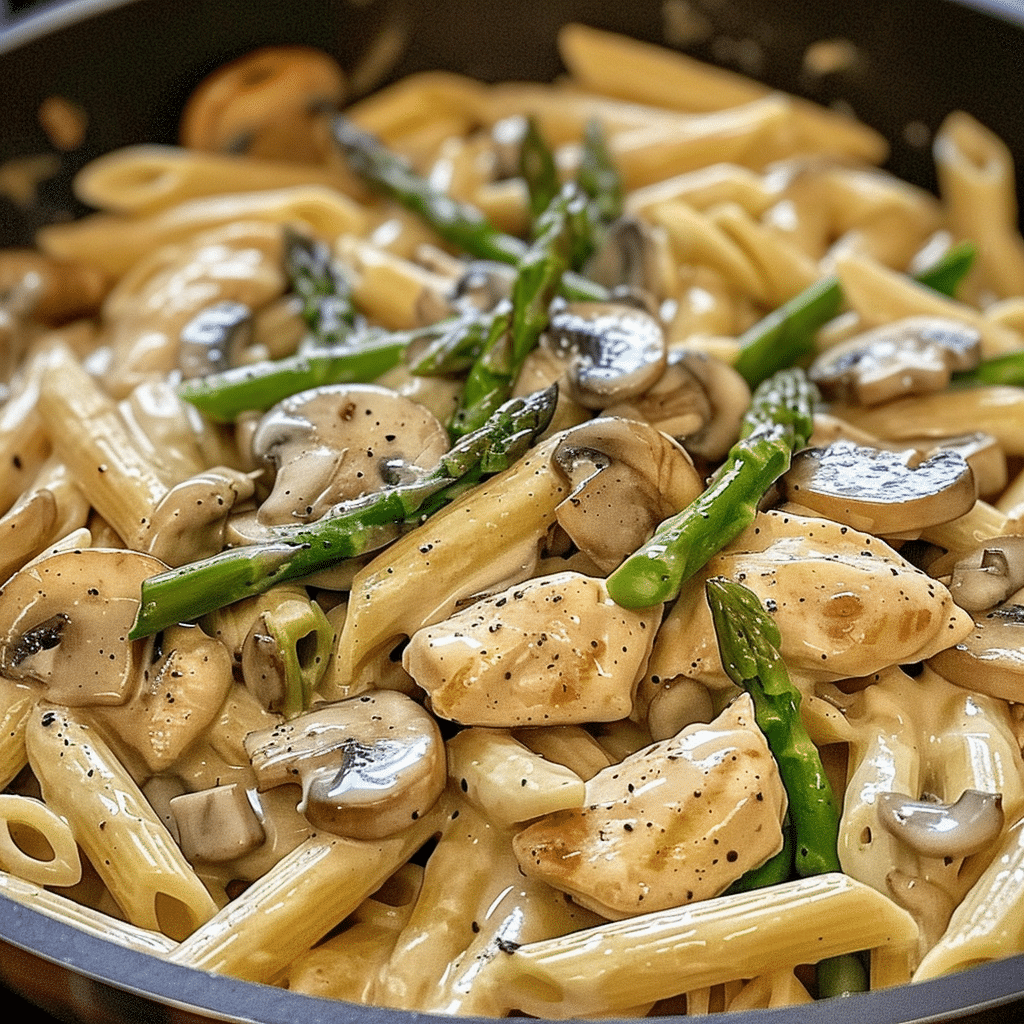 Creamy mushroom and asparagus chicken penne in a white bowl