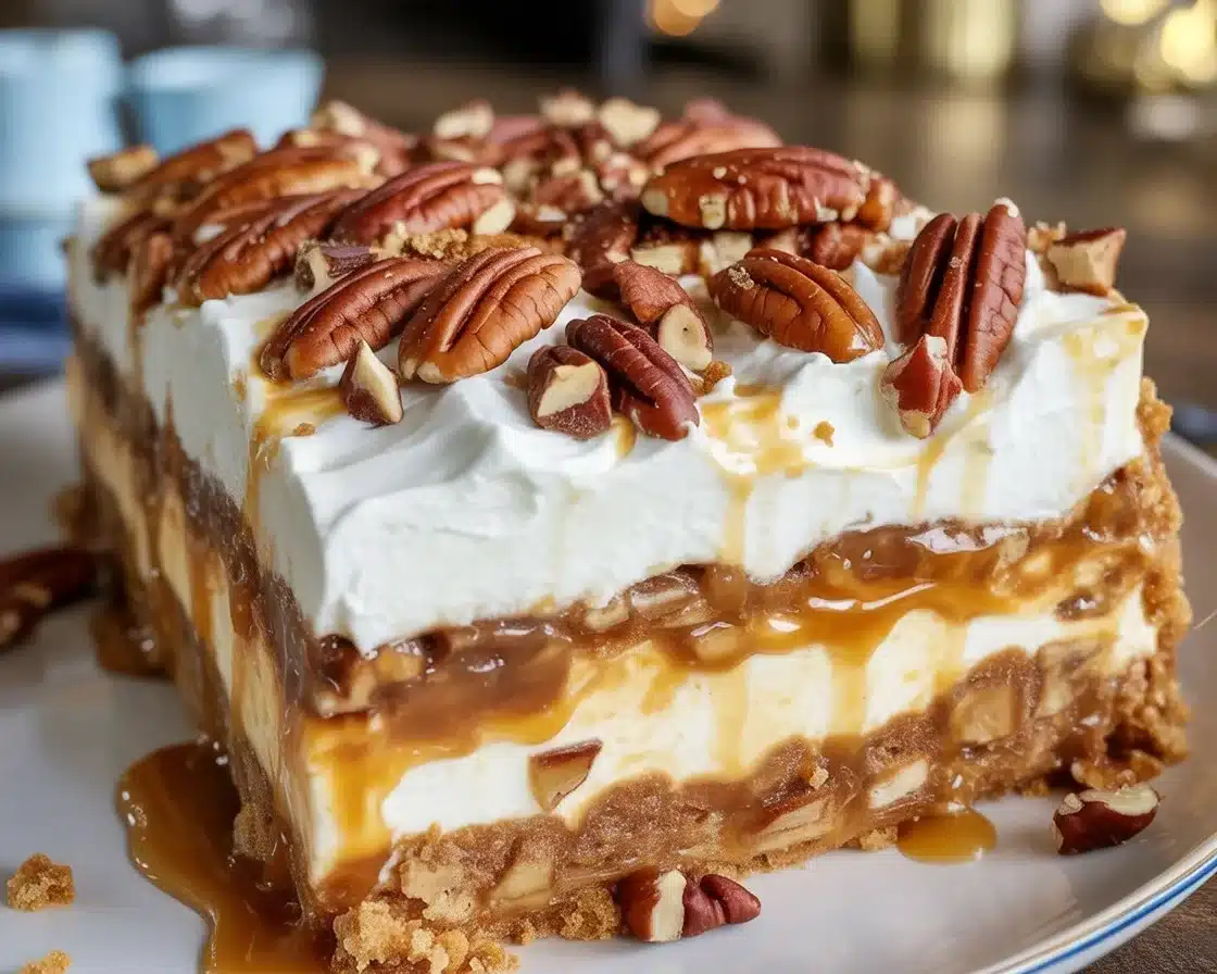 Delicious pecan pie lasagna with graham cracker crust and creamy filling