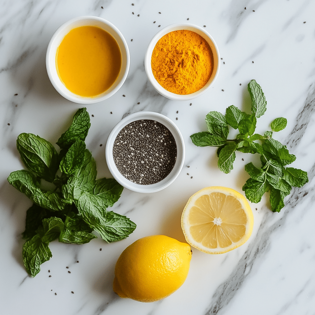 Glow Up Drink Recipe – The Best Natural Elixir for Radiant Skin & Energy 6 Ingredients for glow up drink recipe including turmeric, lemon, and chia