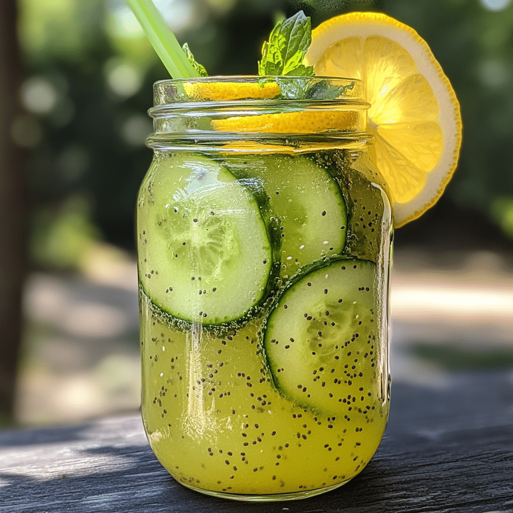 Glow up drink recipe with cucumber and lemon in mason jar
