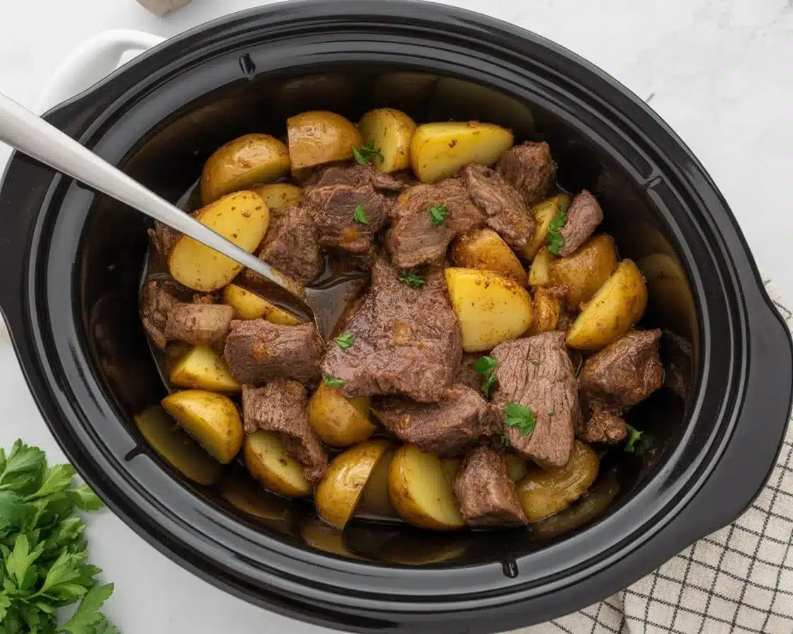 Crockpot loaded steak and potato bake with tender steak and melted cheese