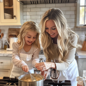 Kim and her daughter cooking together in a bright kitchen, sharing smiles and stirring a pot of pasta — the heartwarming duo behind DailyPastaRecipes.com, a blog for easy pasta recipes.