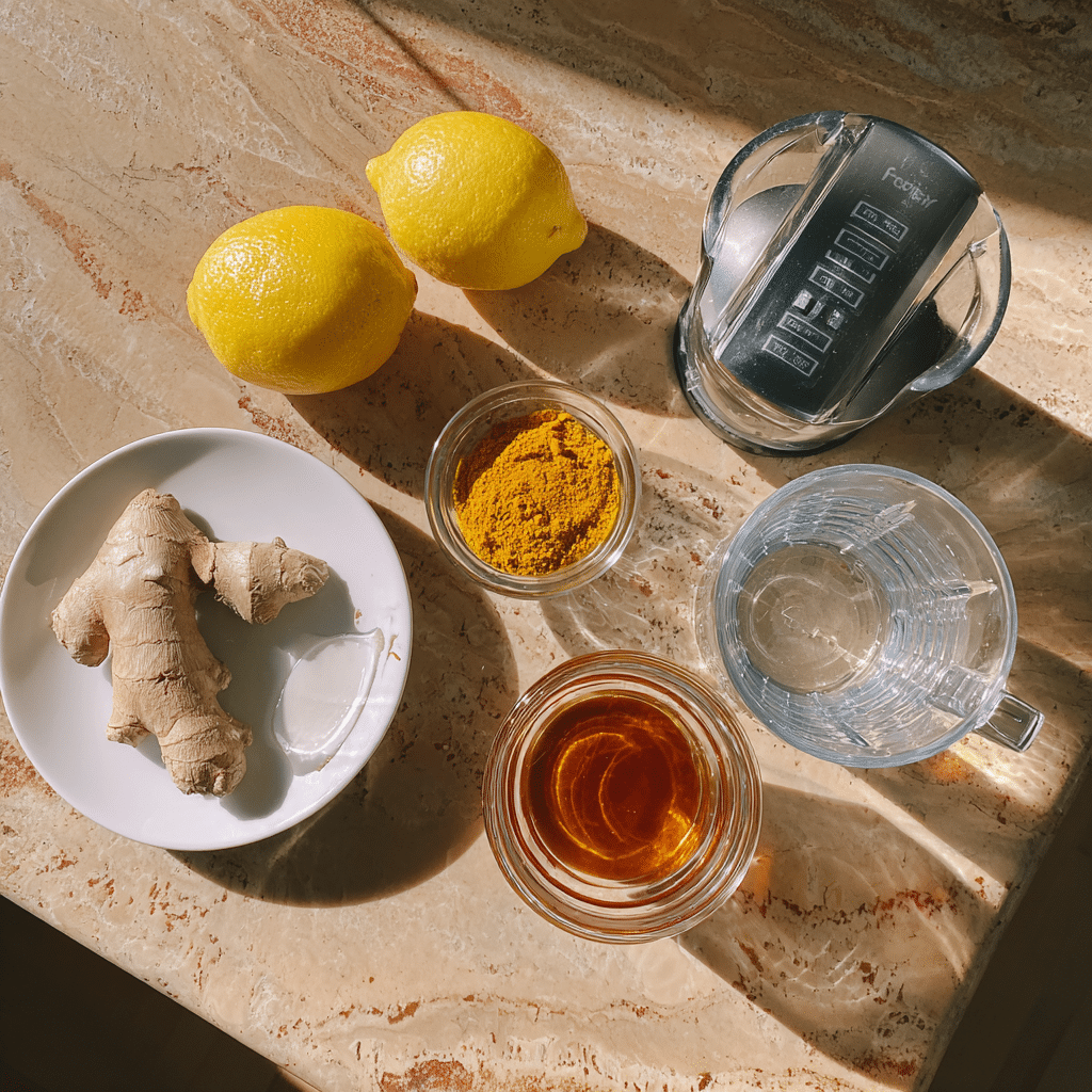 Whole Lemon Glow Drink – The Secret to Natural Radiance and Detox 5 Whole Lemon Glow Drink ingredients with blender setup
